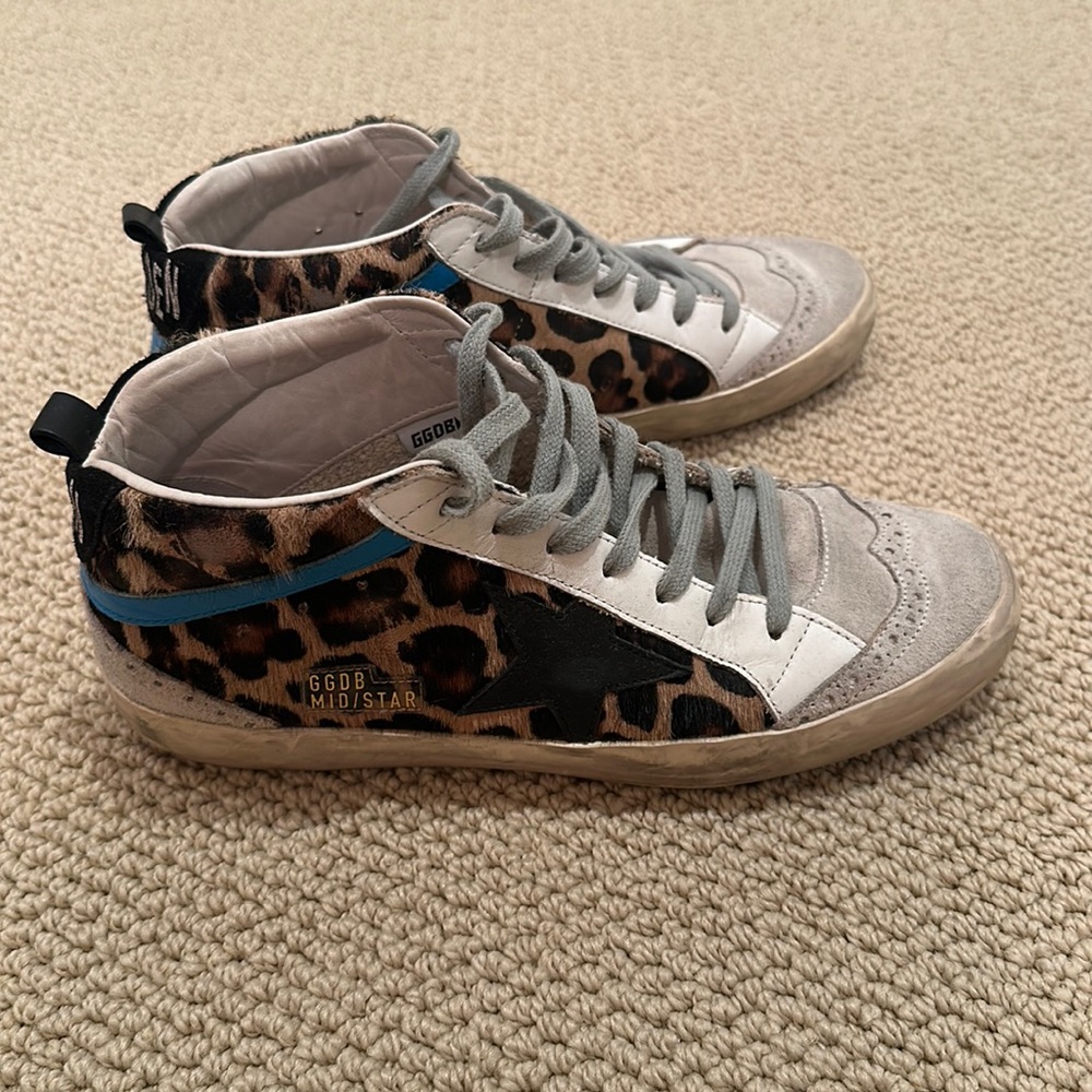Golden Goose Leopard Print Sneakers with Blue and Black Accents